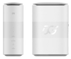 ראוטר סלולרי ZTE MC888 WiFi-6 AX3600 5G – שני מבטים על ראוטר לבן גלילי עם לוגו ZTE ו-5G+