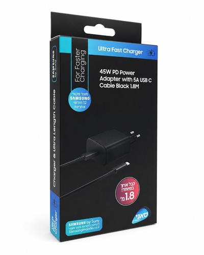 מטען סמסונג מקורי PD סופר מהיר 45W - עם כבל 1.8 מטר טייפ-סי 5A (שחור) - אחריות סאני