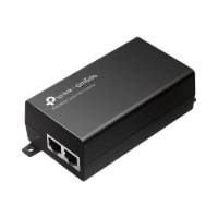 מזרק Tp-Link PoE+ POE260S – מכשיר שחור בודד עם שני חיבורי רשת וטקסט לבן מודפס