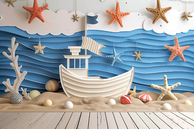 רקע צילום לסטודיו - בד פוליאסטר איכותי - אוקיינוס חוף הים סירה כוכב ים