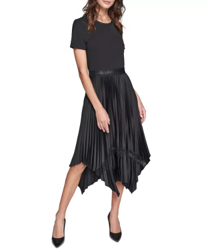 KARL LAGERFELD PARIS Women's Dress Sz XS Mixed-Media Pleated Midi Black