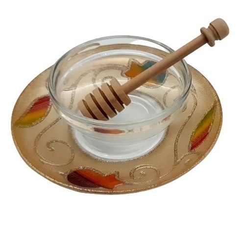 כלי לדבש מזכוכית רימון צבעוני עבודת יד + רודה דבש עץ
