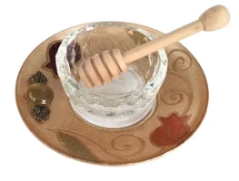 כלי לדבש זכוכית בעיטור רימון זהוב