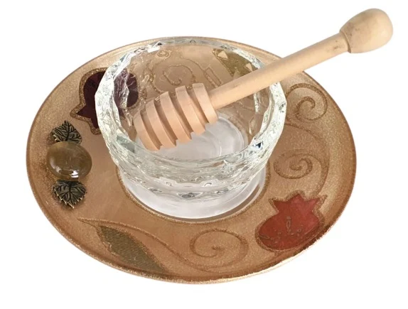 כלי לדבש זכוכית בעיטור רימון זהוב