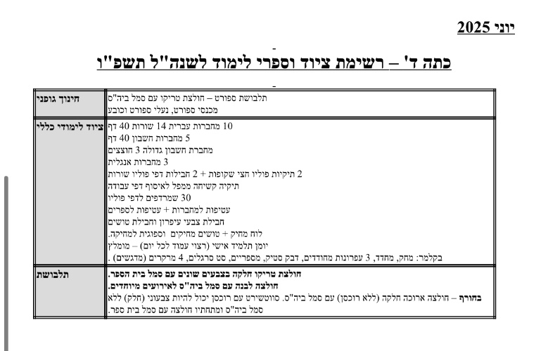 רשימה כיתה ד׳ - ים סוף