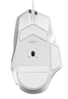 עכבר גיימינג חוטי Logitech G502 X – תחתית לבנה עם כבל, חיישן אופטי, ורגליות החלקה גדולות.