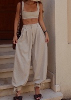 ‏Striped Balloon Pants – Cream Beige