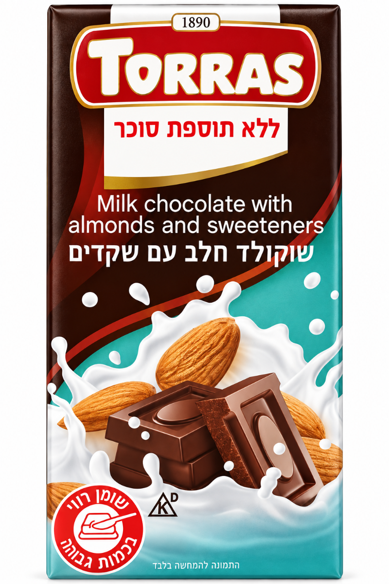 שוקולד חלב עם שקדים ללא תוספת סוכר וללא גלוטן 75 גרם - Torras