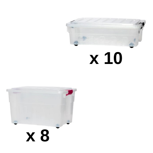 חבילת ארגזי אחסון | 8 יחידות של ארגז אחסון 60 ליטר + 10 יחידות של ארגז אחסון 30 ליטר | פלסטיק איכותי
