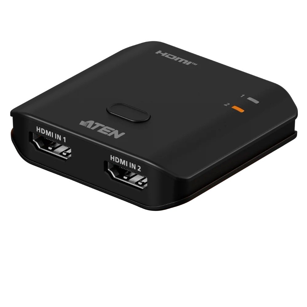 מתג HDMI 8K 2 ל-1 Aten VS5821 – USB-C המכשיר השחור עם שני חיבורי כניסה HDMI המסומנים 1 ו-2
