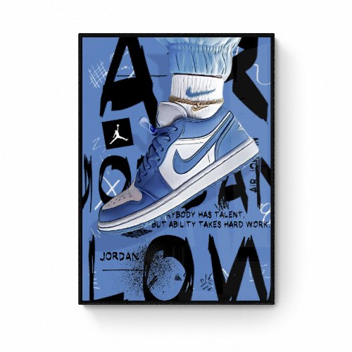 "Jorden Blue" הדפס על בד קנבס של נעלי נייקי ג'ורדון תכלת - איור דיגיטאלי אופנתי בסגנון פופ ארט