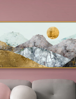 תמונת קנבס מעוצבת הדפס אבסטרקטי של הרים ושמש מוזהבת "שמש הזהב" | תמונה גדולה לבית | תמונת קנבס לרוחב
