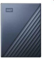 כונן קשיח חיצוני צבע כחול Western Digital My Passport Ultra 6TB USB-C – כונן קשיח כחול כהה אחד עם לוגו WD טקסטורת פסים