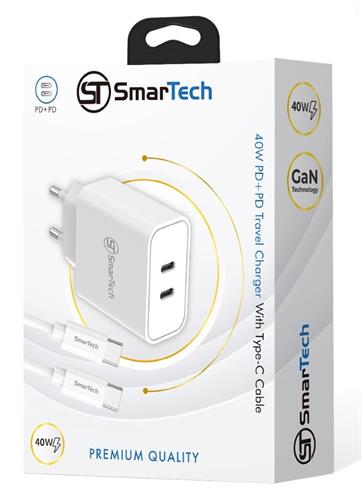 מטען קיר כפול 40W GaN - עם כבל PD טייפ-סי - דגם STTC40W חברת SmarTech