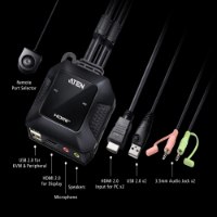 מתג Aten CS22H 2 Port 4K HDMI USB KVM – KVM שחור עם חיבורים וכבלים שונים המסומנים על רקע כהה עם 144Hz