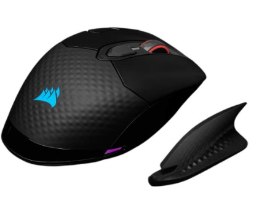 עכבר גיימינג אלחוטי Corsair Dark Core RGB Pro – עכבר שחור עם מרקם, לוגו כחול וגלגלת אדומה, ויחידת