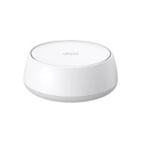 מערכת ביתית בתקן Tp-Link Deco BE25 Mesh WiFi 7 – יחידת Deco לבנה עם בסיס אפור בהיר ונורית חיווי קטנה