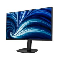 מסך מחשב עסקי 24 אינץ' Philips 24B2U3301 – מסך מחשב שחור עומד על מעמד שחור מציג טפט כחול מופשט עם USB