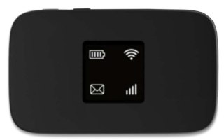 נתב רשת סלולרי ZTE 4G LTE CAT6 MiFi MF971LS – מבט קדמי על הנתב השחור עם מסך פעיל המציג אייקונים