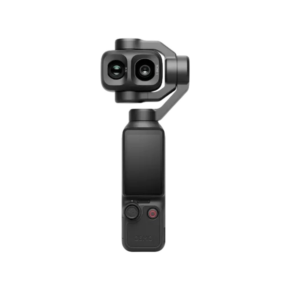 מצלמת גימבל DJI Osmo Pocket 4P Standard Combo – 4K מציגה מצלמת גימבל שחורה בעלת מערך צילום כפול ומסך תצוגה קדמי