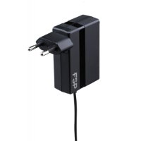 מטען אוניברסלי למחשב נייד FSP Notebook Universal Adapter 65W Twinkle – מתאם חשמל שחור עם תקע וכבל היוצא ממנו על רקע לבן