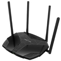 ראוטר Mercusys AX3000 Dual-Band WiFi 6 MR80X – ראוטר שחור עם ארבע אנטנות בולטות וטקסטורה עליונה.