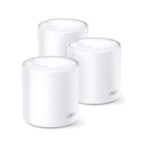 מגדיל טווח 3 יח' באריזה TP-Link Deco X20 MESH AX1800 Wi-Fi 6 – יחידות Deco לבנות גליליות מונחות על רקע לבן