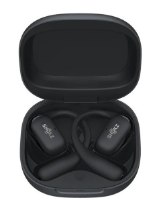 אוזניות ספורט אוזן-פתוחה אלחוטיות Shokz OPENFIT 2 – שתי אוזניות שחורות עם לוגו Shokz בתוך נרתיק טעינה פתוח