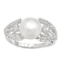 טבעת מכסף משובצת פנינה לבנה וזרקונים RG1638 | תכשיטי כסף 925 | טבעות עם פנינה