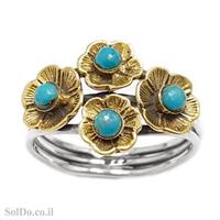 טבעת מכסף מעוצבת פרחים עדינים משובצת אבני טורקיז וציפוי גולדפילד RG6100 | תכשיטי כסף 925 | טבעות כסף