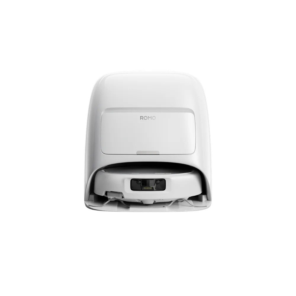 שואב אבק רובוטי DJI ROMO S – יחידת הניקוי הלבנה עוגנת בתחנת העגינה שלה טעינה מהירה