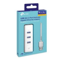 מפצל USB 3.0 לחיבור רשת RJ45 בעל 3 חיבורי TP-Link UE330 USB 3.0 – קופסת פריט בודד כחולה-לבנה המציגה איור של מפצל USB לבן