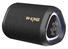 רמקול אלחוטי נייד W-King D110 – שחור מבד עם לוגו W-King זהוב מונח על רקע לבן