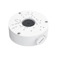 קופסת חיבורים מקצועית למצלמות רשת Vigi VJB-300 – קופסה עגולה לבנה עם פתחים רבים חור מרכזי ופקק צידי על רקע לבן