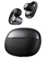 אוזניות אוזן-פתוחה אלחוטיות Shokz OpenDots One – טעינה מהירה שתי אוזניות כהות פתוחות-אוזן ומארז טעינה תואם עם לוגו Shokz