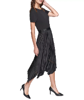 KARL LAGERFELD PARIS Women's Dress Sz XS Mixed-Media Pleated Midi Black