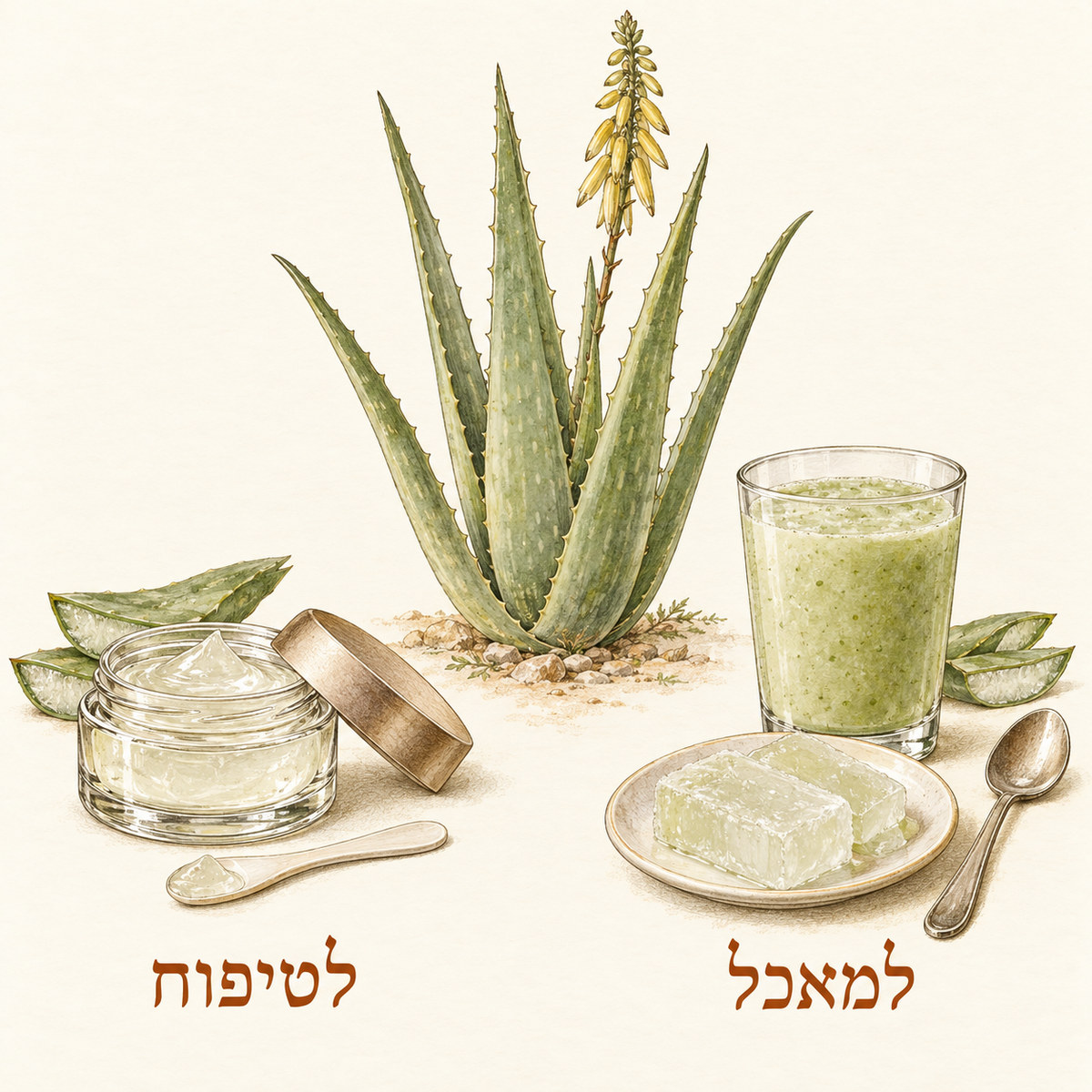 איור של תכשיר אלוורה לטיפוח לצד מנות אלוורה קפואות ומשקה למאכל