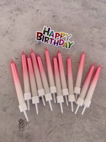 12 נרות מטאלי ורוד בהיר + לוחית HAPPY BIRTHDAY מיני