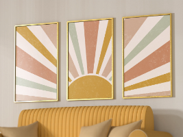 "Boho Sunrise" -סט שלוש תמונות לחדר שינה ילדים, נוער או לחדר בעיצוב בוהמי, תמונה מעוצבת של שמש זורחת