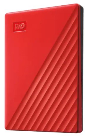 כונן קשיח חיצוני צבע אדום Western Digital My Passport 6TB – כונן קשיח אדום בעל טקסטורה אלכסונית וסמל WD בפינה USB