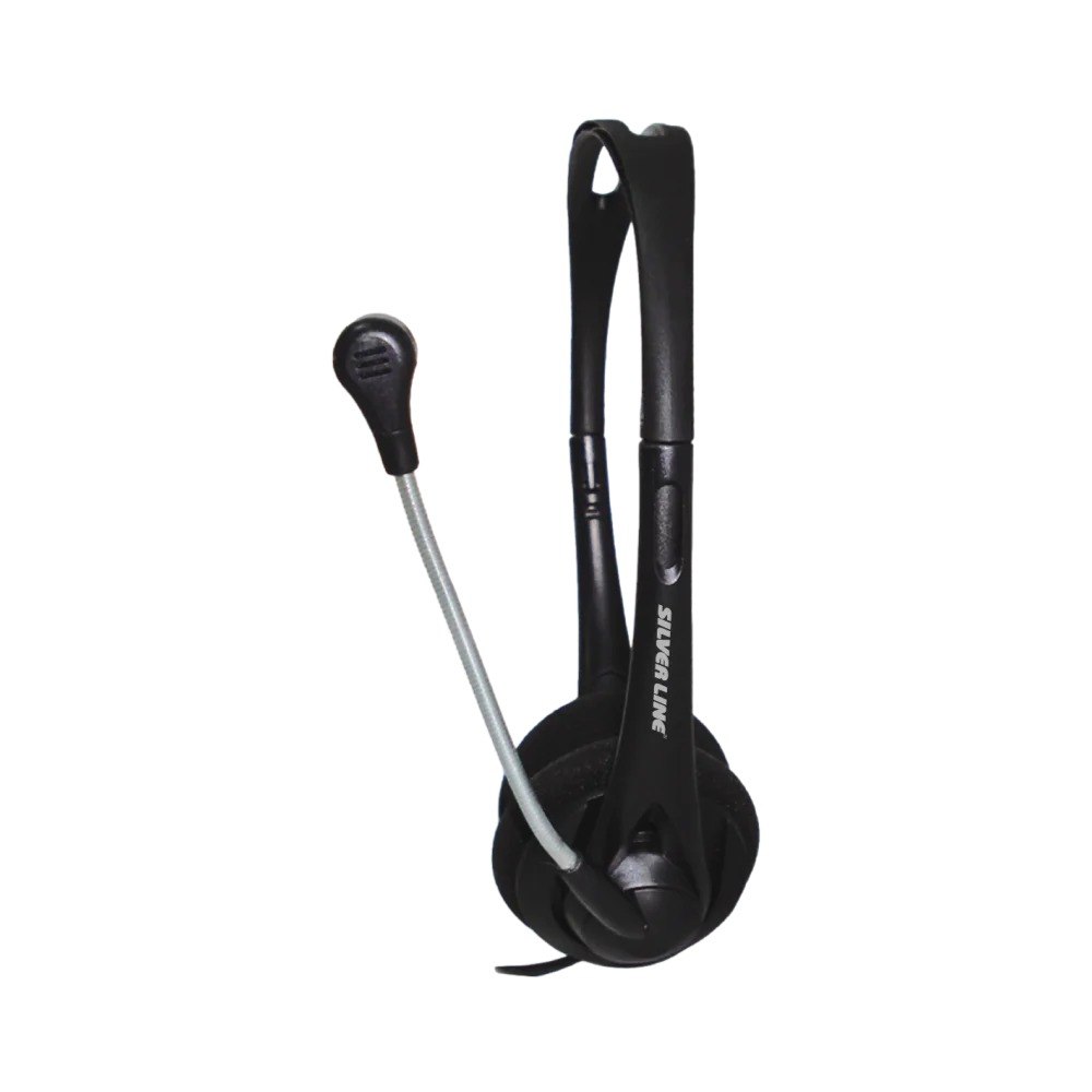 אוזניות עם מיקרופון Silver Line HS-013V – אוזניות קשת שחורות עם מיקרופון גמיש על רקע לבן פריט בודד