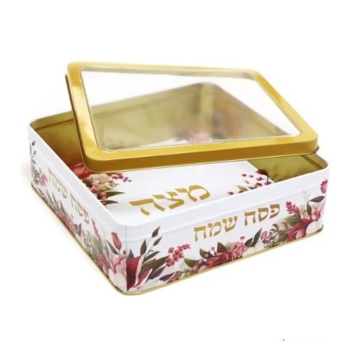 קופסת פח למצות עם מכסה שקוף פרחוני