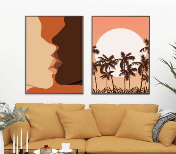 סט זוג תמונות קנבס מעוצבות בסגנון מודרני בגווני חמרה "Sunset Kiss" | תמונות לבית