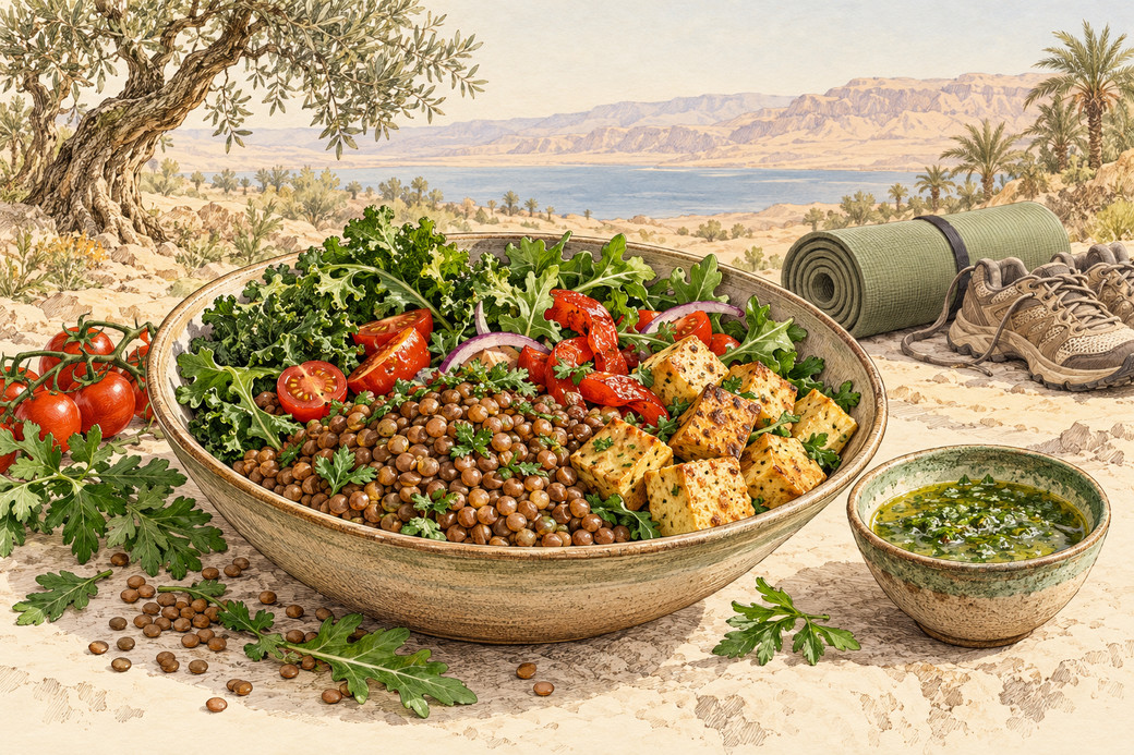 קערה גדולה של ירקות, עדשים וטופו לצד רוטב ירוק וציוד לפעילות יומיומית