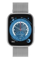 שעון חכם צבע כסף FitPro S4 – שעון כסוף עם רצועת רשת מציג מסך כחול ואזורי זמן