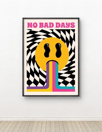 תמונת קנבס פופ ארט NO BAD DAYS |סמיילי צהוב רטרו גרובי באווירה פסיכדלית