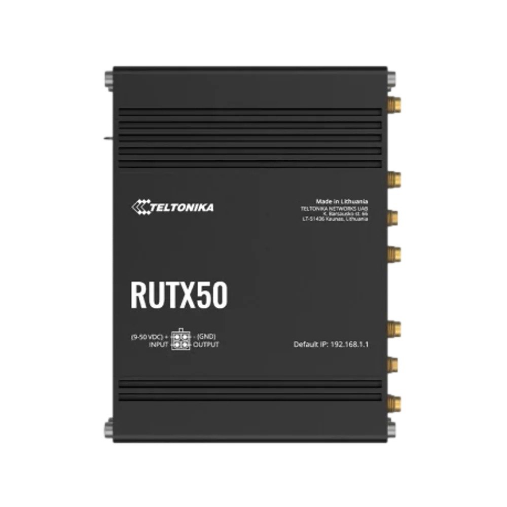 נתב סלולרי תעשייתי Teltonika RUTX50 5G – פריט בודד שחור מציג את הלוגו ושם הדגם עם מחברים בצדדים Wi-Fi