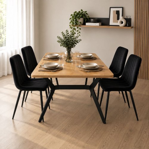 פינת אוכל 140X80 ס"מ פלטת MDF דגם סלסט, כולל 4 כיסאות קטיפה דגם וינו בגוון שחור | אלגנט אונליין