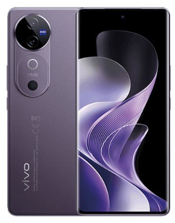 סמארטפון VIVO V40 5G סגול – 120Hz טלפון סגול המציג את גבו ומסכו הקדמי עם טפט מופשט