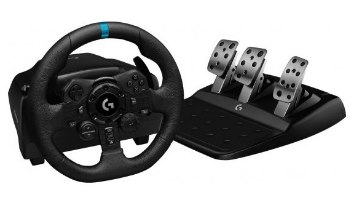 הגה מרוצים Logitech G923 Trueforce Sim Racing Wheel – הגה שחור ויחידת דוושות בעלת שלושה פדלים כסופים